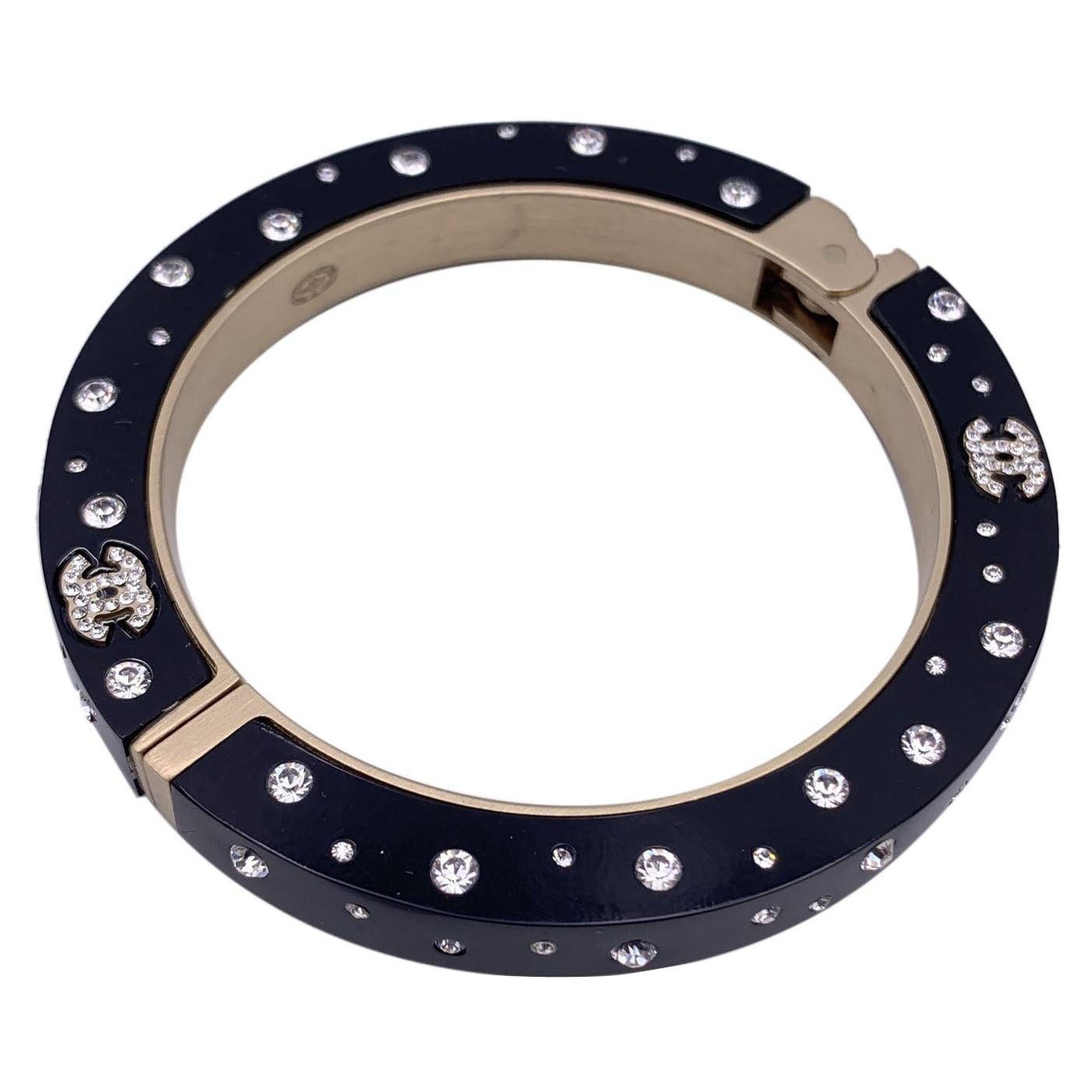 Chanel Black Resin Rhinestone Crystal CC Logo Cuff Bangle Bracelet For Sale