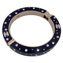 Chanel Black Resin Rhinestone Crystal CC Logo Cuff Bangle Bracelet