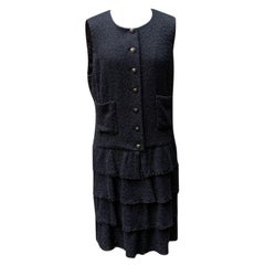Chanel 2012 Black Cotton Tweed Tiered Sleeveless Dress Size 44 FR