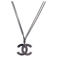Chanel Gunmetal Double Chain CC Logo Pendant Necklace