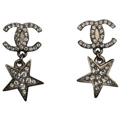 Chanel Silver Metal Crystal CC Star Drop Earrings For Pierced Ears