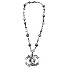 Chanel Ruthenium Metal Pearl Baguette Crystal CC Pendant Necklace