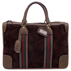 Gucci Vintage Brown Suede Leather Satchel Overnight Bag with Stripes
