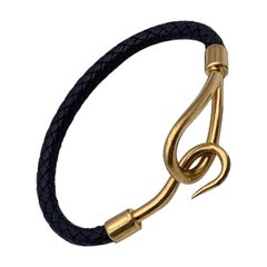 Hermes Black Woven Leather Gold Metal Jumbo Hook Bracelet