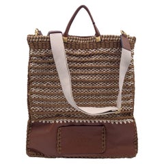 Valentino Garavani Rockstud Brown Leather and Crochet Tote Bag
