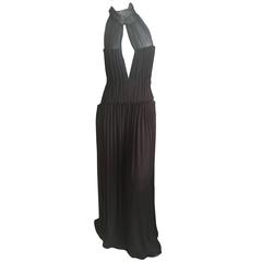 Yves Saint Laurent Pleated Brown Silk Chiffon Keyhole Halter Dress 11