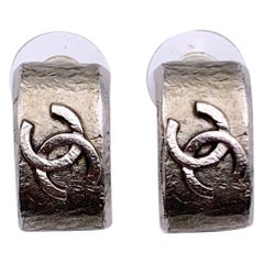 Chanel Silver Metal Semi Hoop CC Logo Earrings Piercing Ears