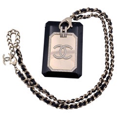 Chanel Gold Metal and Black Card Holder Chain Necklace with Crystals