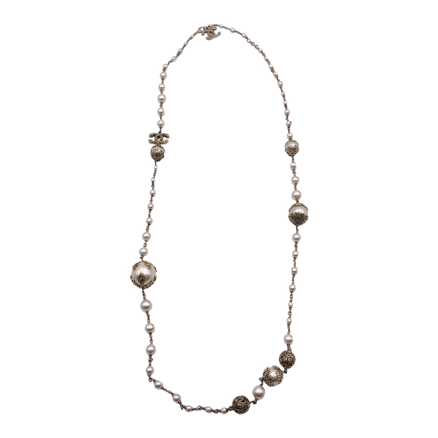 Chanel 06 Faux Pearls Gold Metal CC Logo Long Necklace