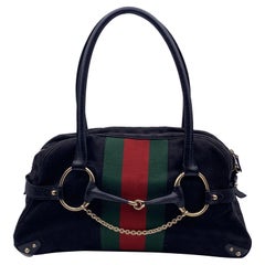 Gucci Black Monogram Canvas Striped Horsebit Satchel Bag