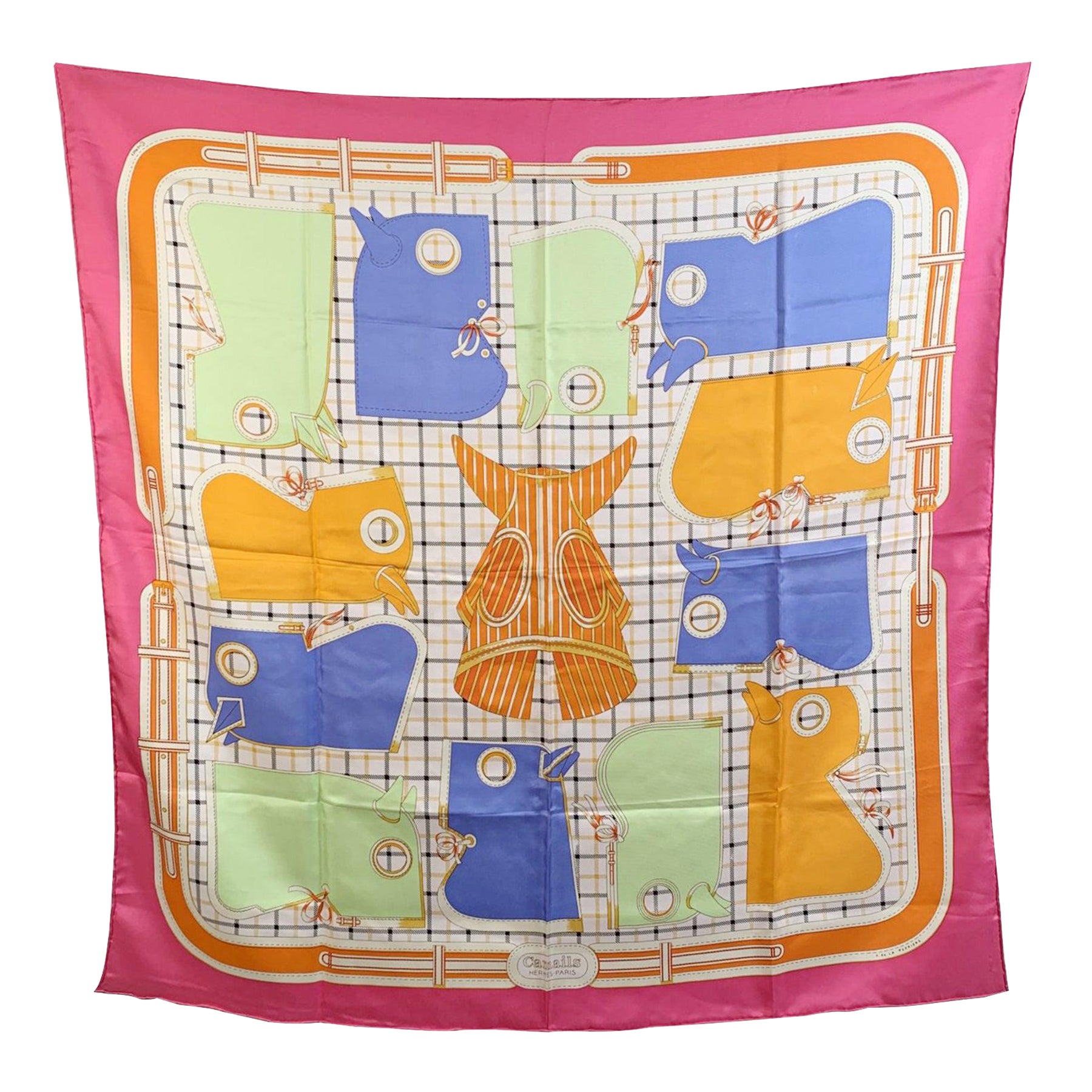 Hermes Multicolor Silk Scarf Camails 1974 Francoise De La Perriere For Sale