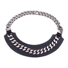 Fendi Black Leather Collar and Silver Metal Cuban Chain Necklace