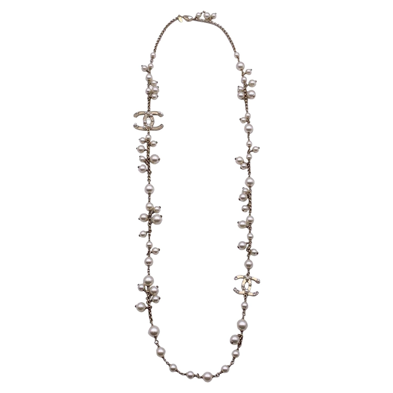 Chanel Light Gold Metal Chain Long Necklace CC Logo Pearls Beads