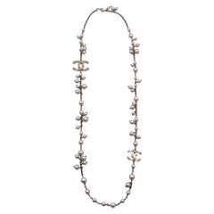 Chanel Light Gold Metal Chain Long Necklace CC Logo Pearls Beads