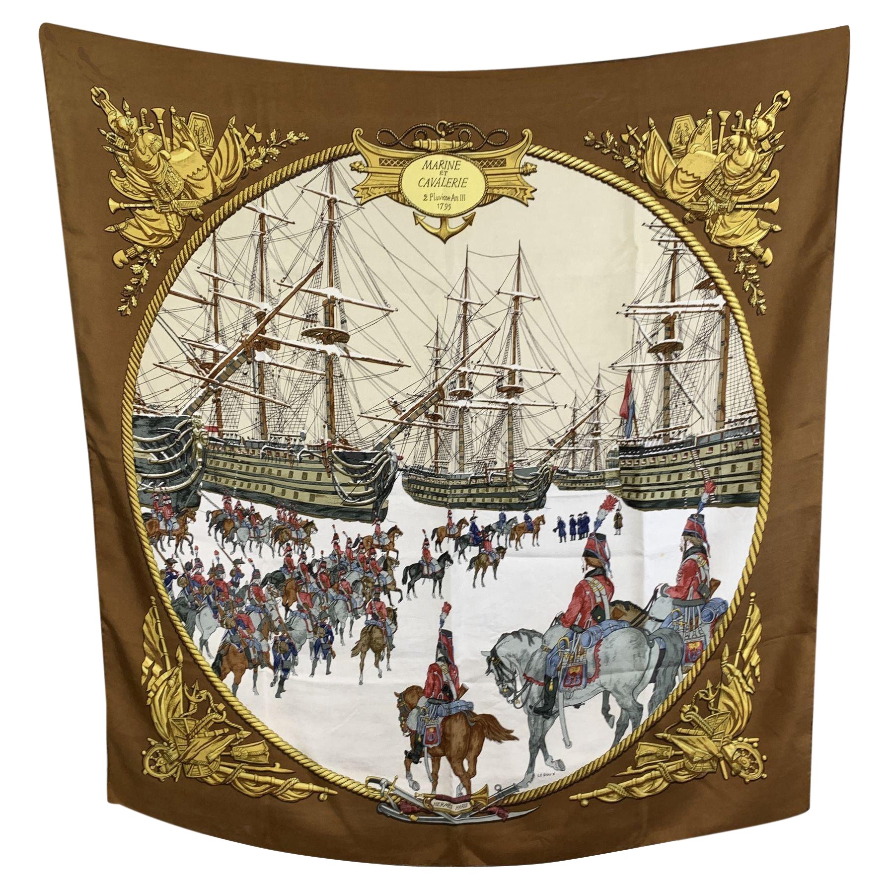 Hermes Vintage Brown Silk Scarf Marine et Cavalerie 1967 Ledoux For Sale