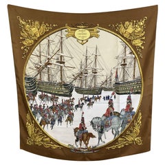 Hermes Vintage Brown Silk Scarf Marine et Cavalerie 1967 LeDoux