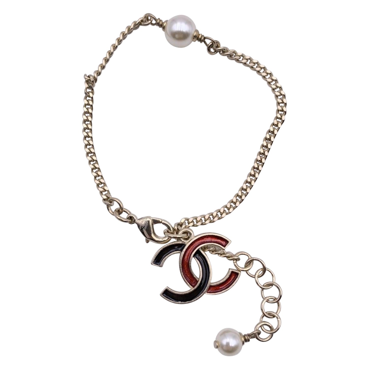 Chanel Light Gold Metal Black Red Enamel CC Logo Chain Bracelet