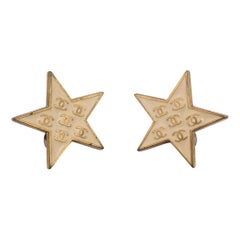 Chanel Vintage Gold Metal Beige Stars CC Logos Clip On Earrings