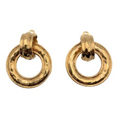 Chanel Vintage Gold Metal Hoop Door Knocker Clip On Earrings