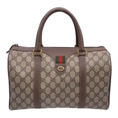 Gucci Vintage Beige Monogram Canvas Leather Web Boston Bag
