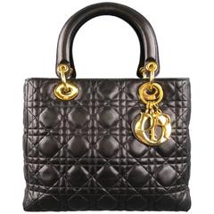 Retro CHRISTIAN DIOR Black & Gold Cannage Quilted Leather Medium Lady Dior Bag