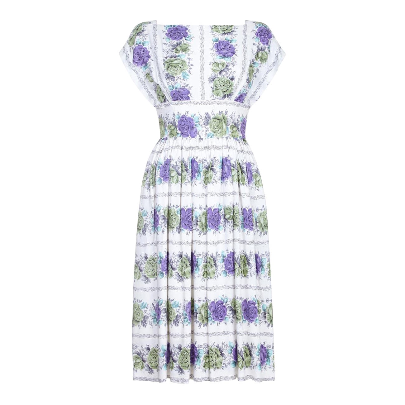 1950s White Cotton Floral Dress With Rose Print For Sale