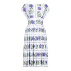 1950s White Cotton Floral Dress With Rose Print