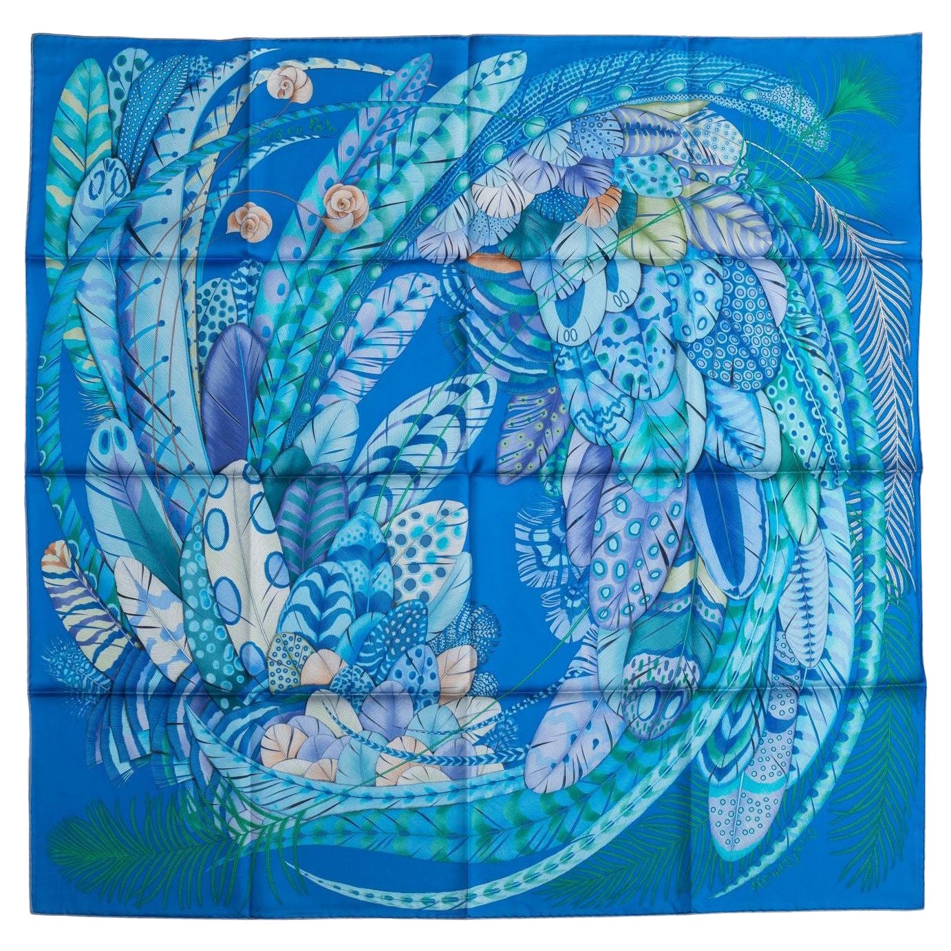 Hermès Turquoise Feather Silk Scarf For Sale