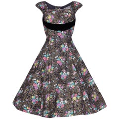 1950s Rose Print Cotton Dress With Black Velvet Bow