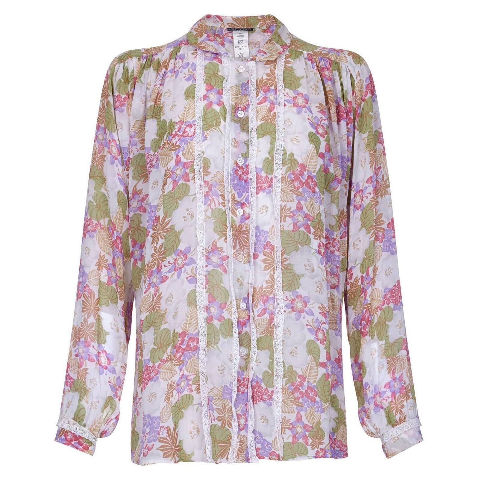 1970s Jeff Banks Floral Chiffon and Lace Blouse For Sale