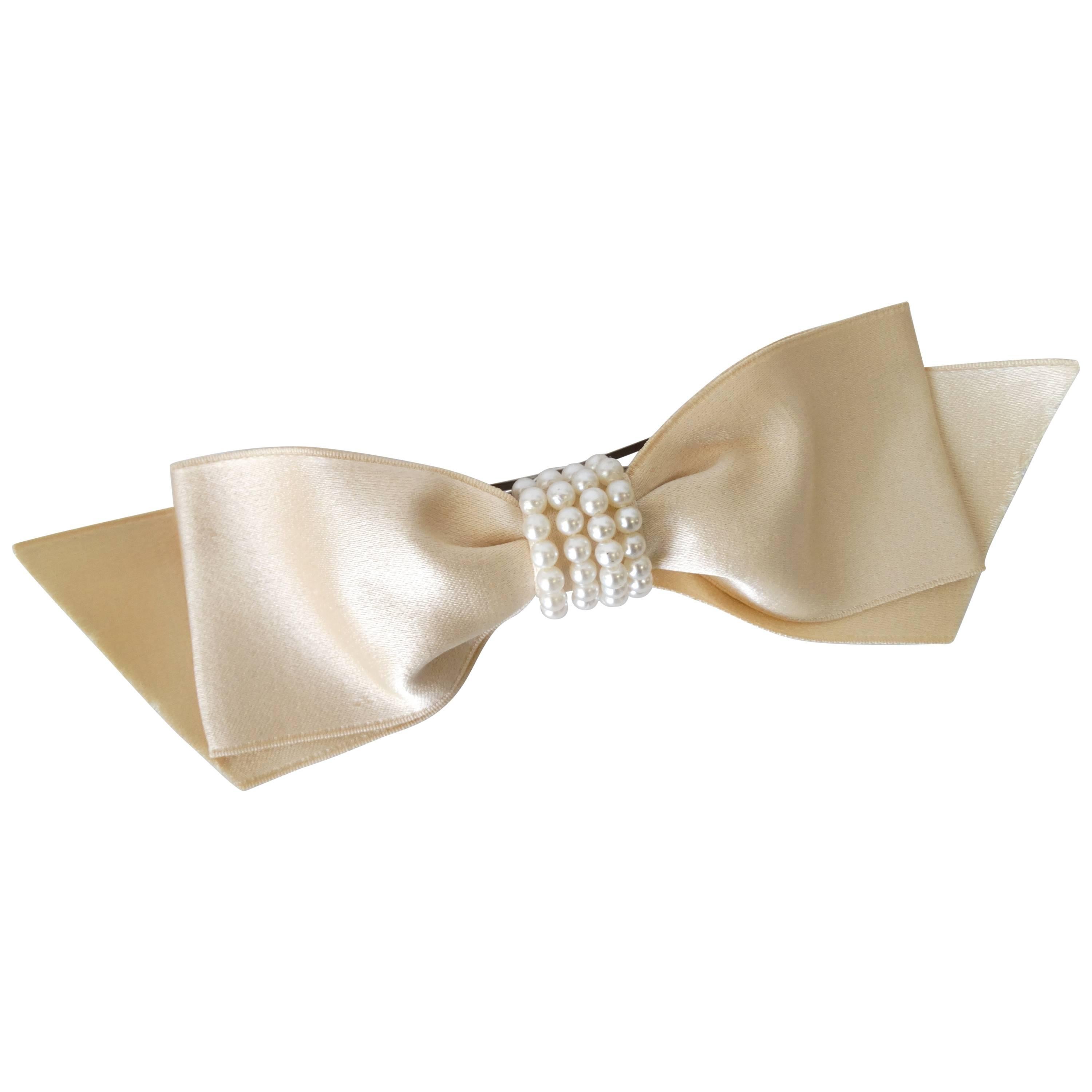 1980s Chanel Cream Satin Bow Barrette with Pearls 
