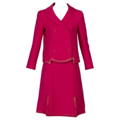 Tailleur jupe vintage Christian Dior rose bordé de cuir