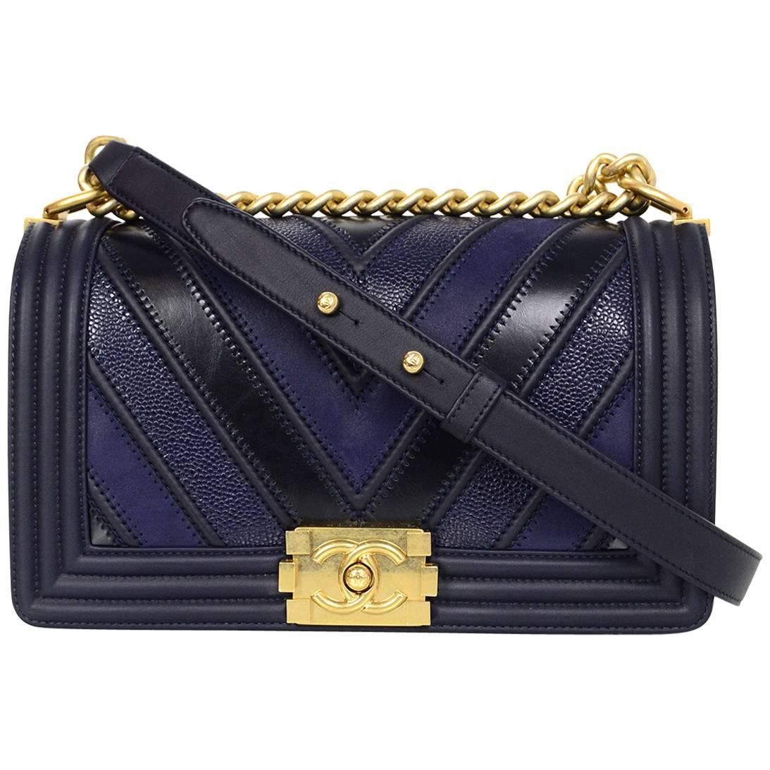 Chanel 2016 Navy Mixed Leather Patchwork Chevron Old Medium Boy Bag GHW