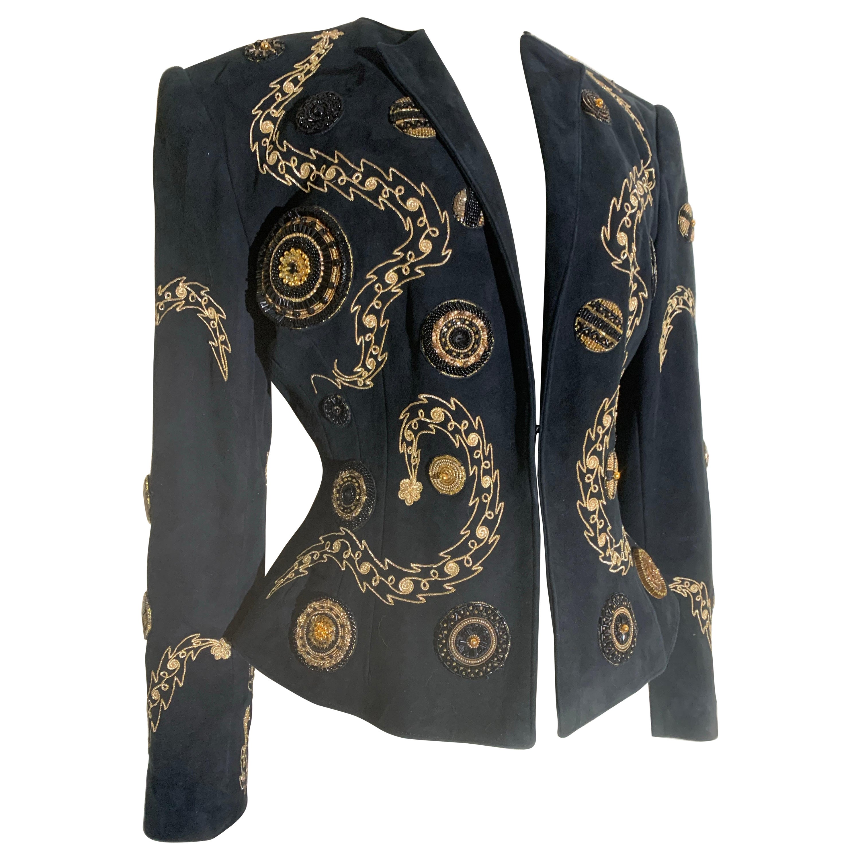 1980s Jean-Claude Jitrois Black Suede Wasp-Waist Jacket w Gold Bead Work For Sale