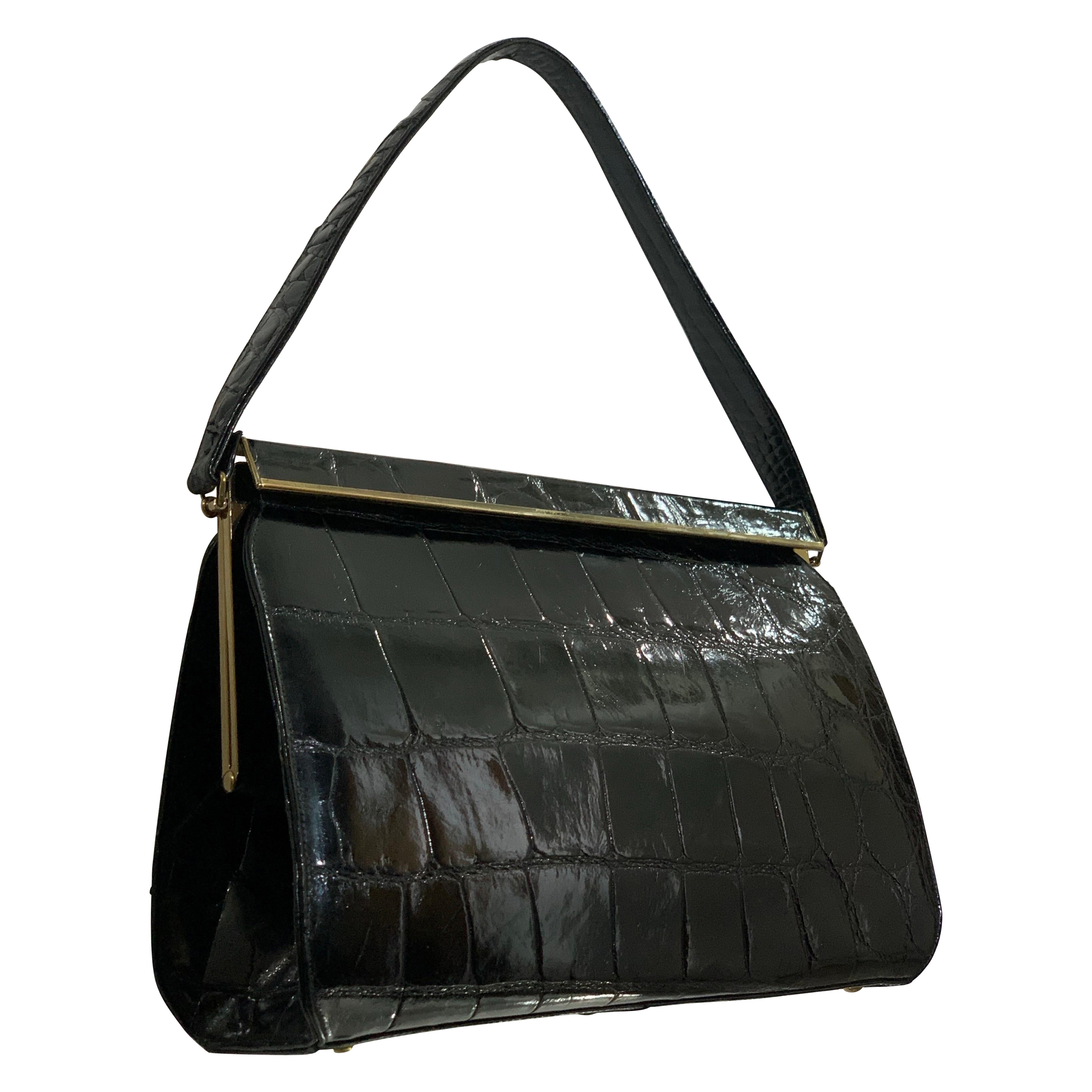 1960s Classic Black Crocodile Handbag w Top Handle & Gold Hardware For Sale