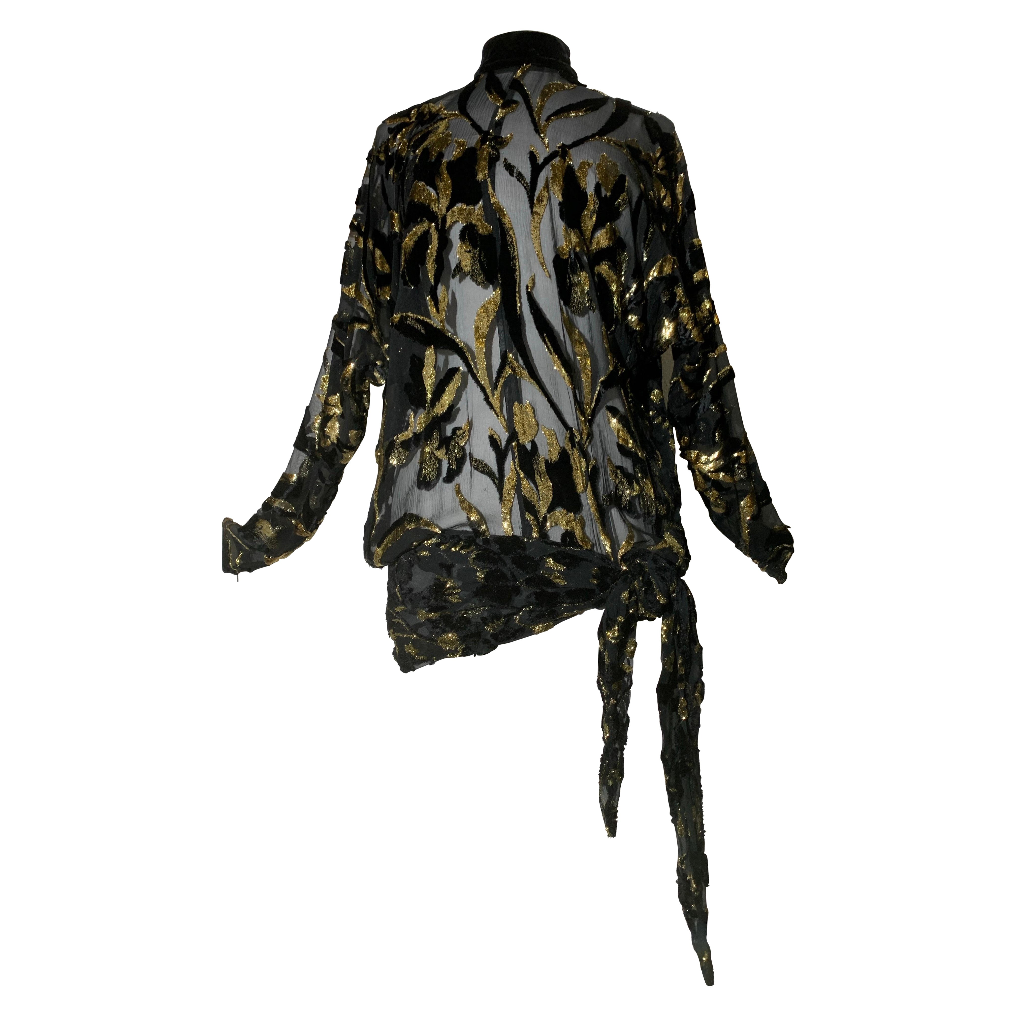 Top in velluto Devore in lurex nero e oro degli anni '80 con maniche lunghe e fusciacca legata ai fianchi in vendita