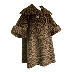 1960s Faux Leopard Princess-Style Swing Coat w Shawl Collar and Cuffed Sleeves