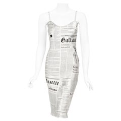 2006 John Galliano Documented Newspaper Print White Silk Bias-Cut Slip Dress