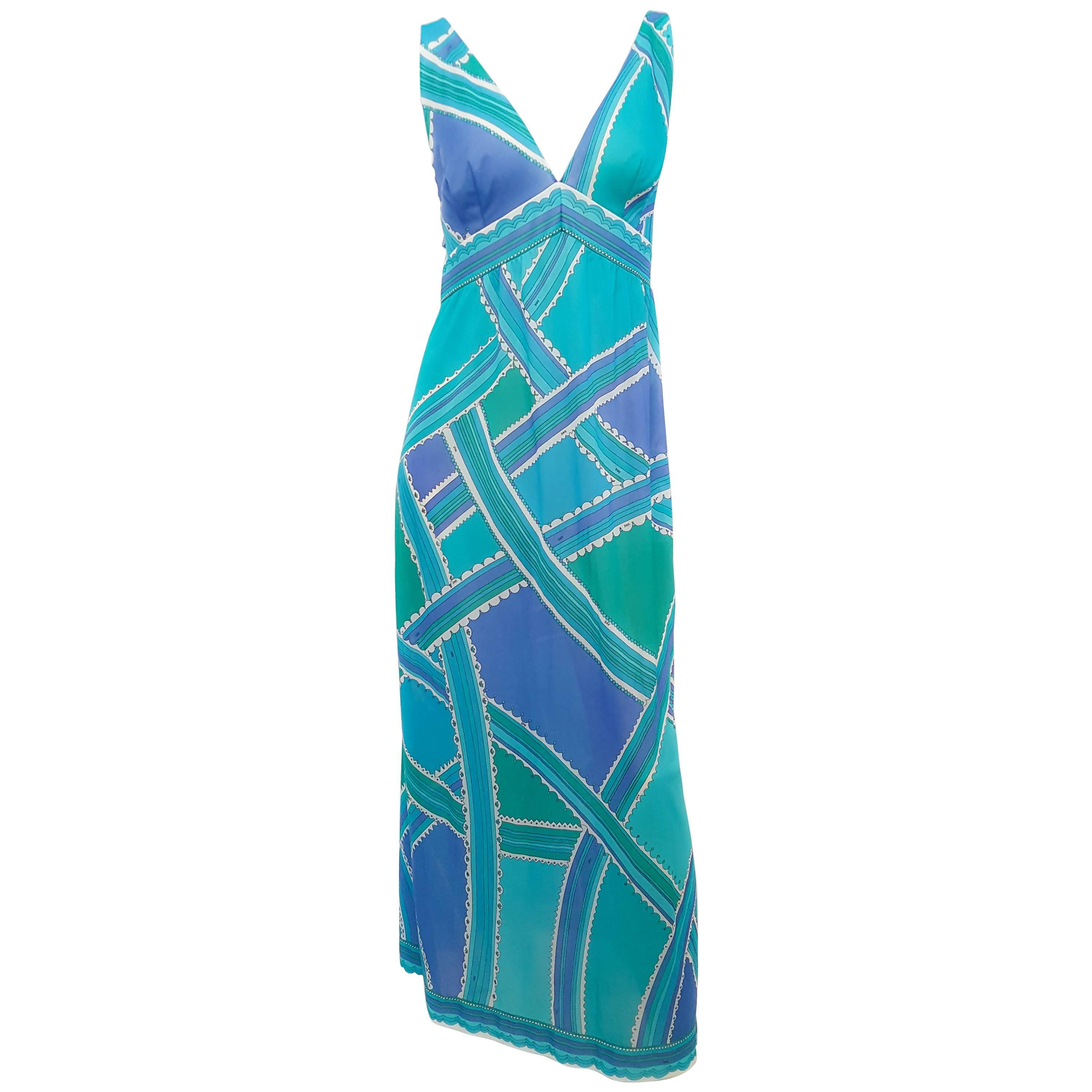70s Emilio Pucci for Formfit Rodgers Blue/Green Printed Slip/Dress For Sale