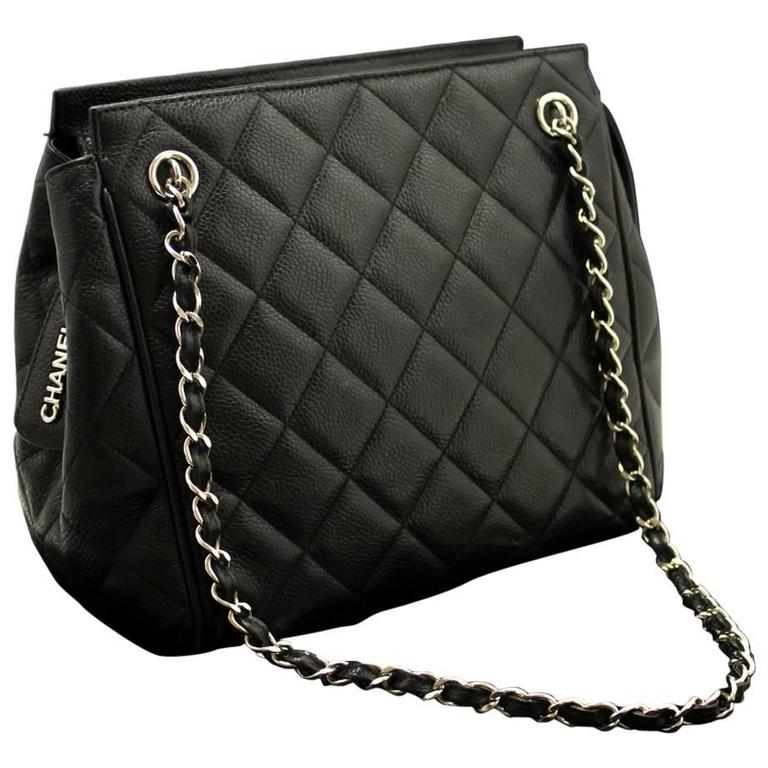CHANEL Caviar Chain Shoulder Bag Black Silver Quilted Leather Zip at