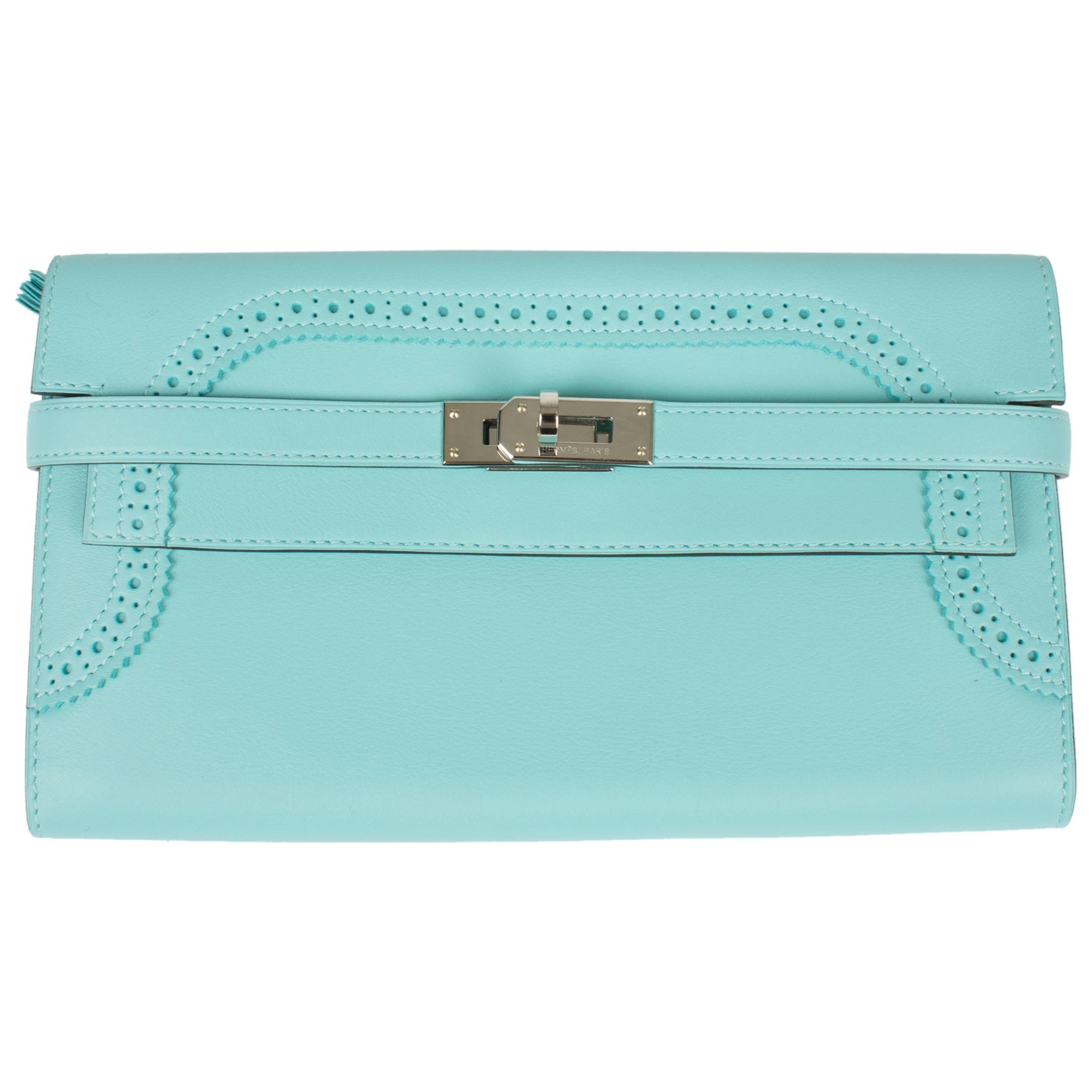 Hermes Kelly Wallet Classic Ghillies Veau Swift Blue Atoll Clutch - limited edit