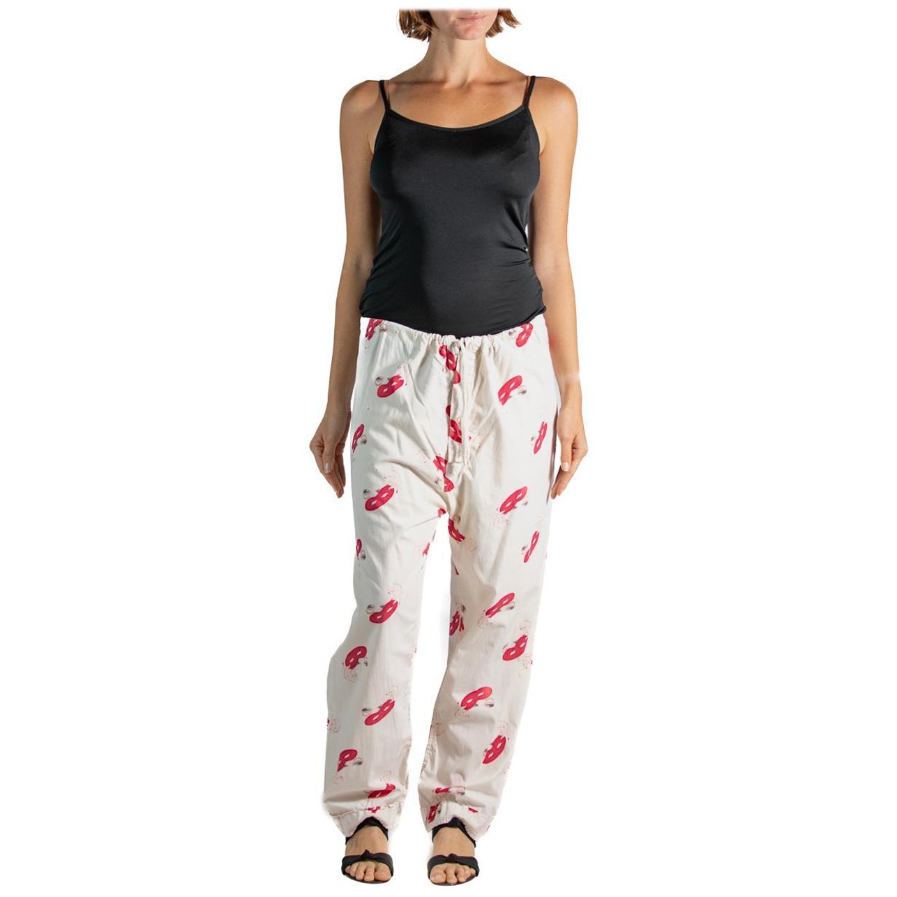 1950S White & Red Cotton Sexy Pin-Up Eyes Mask Printed Pajamas Pants For Sale