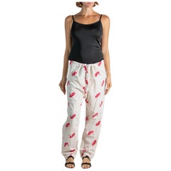 Vintage 1950S White & Red Cotton Sexy Pin-Up Eyes Mask Printed Pajamas Pants