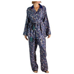 1930S Navy Blue Silk & Cotton "Sleep Well" Airplane Cloud Writer Print Men's Pa