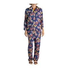 1940S Azul Marino Rayón Frío Raro Pijama con estampado de barco pirata y mapa del tesoro