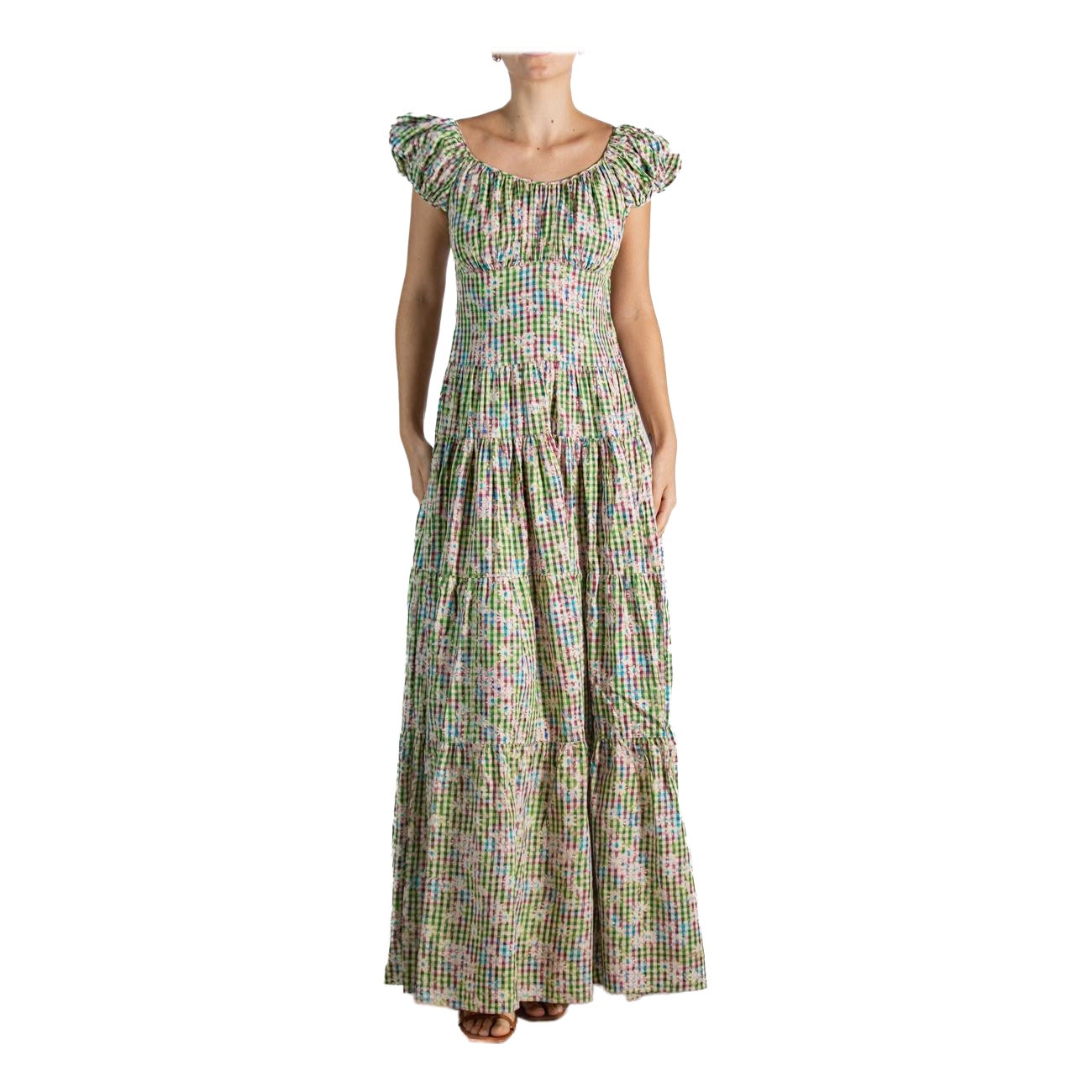 1940S Grün & Lila Floral Plaid Rayon Taffeta Sommerkleid im Angebot