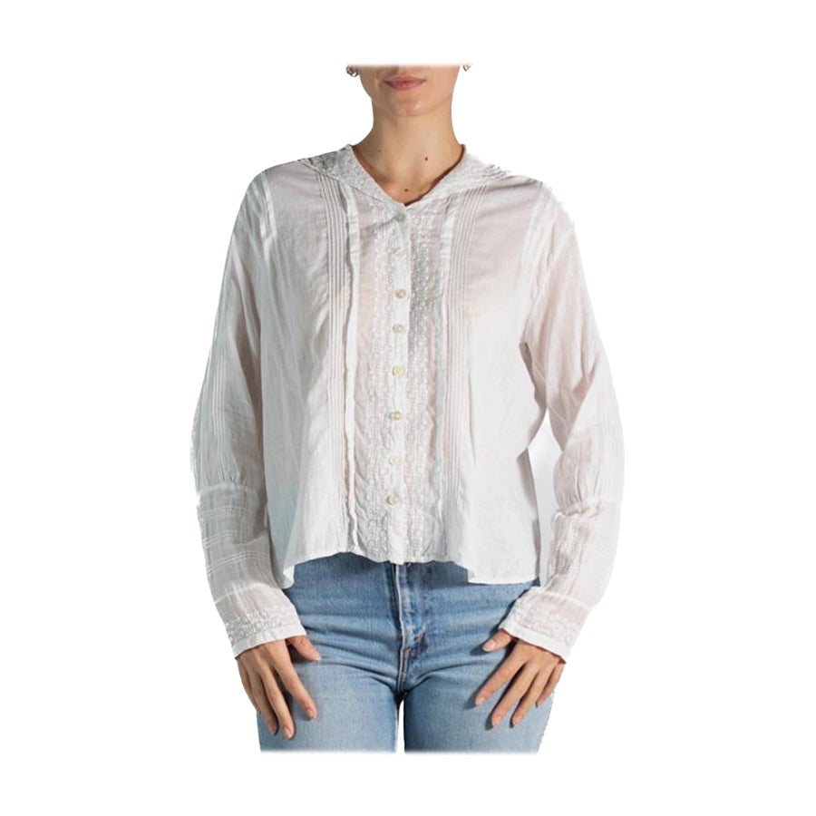 1920S White Hand Embroidered Organic Cotton Voile Top For Sale
