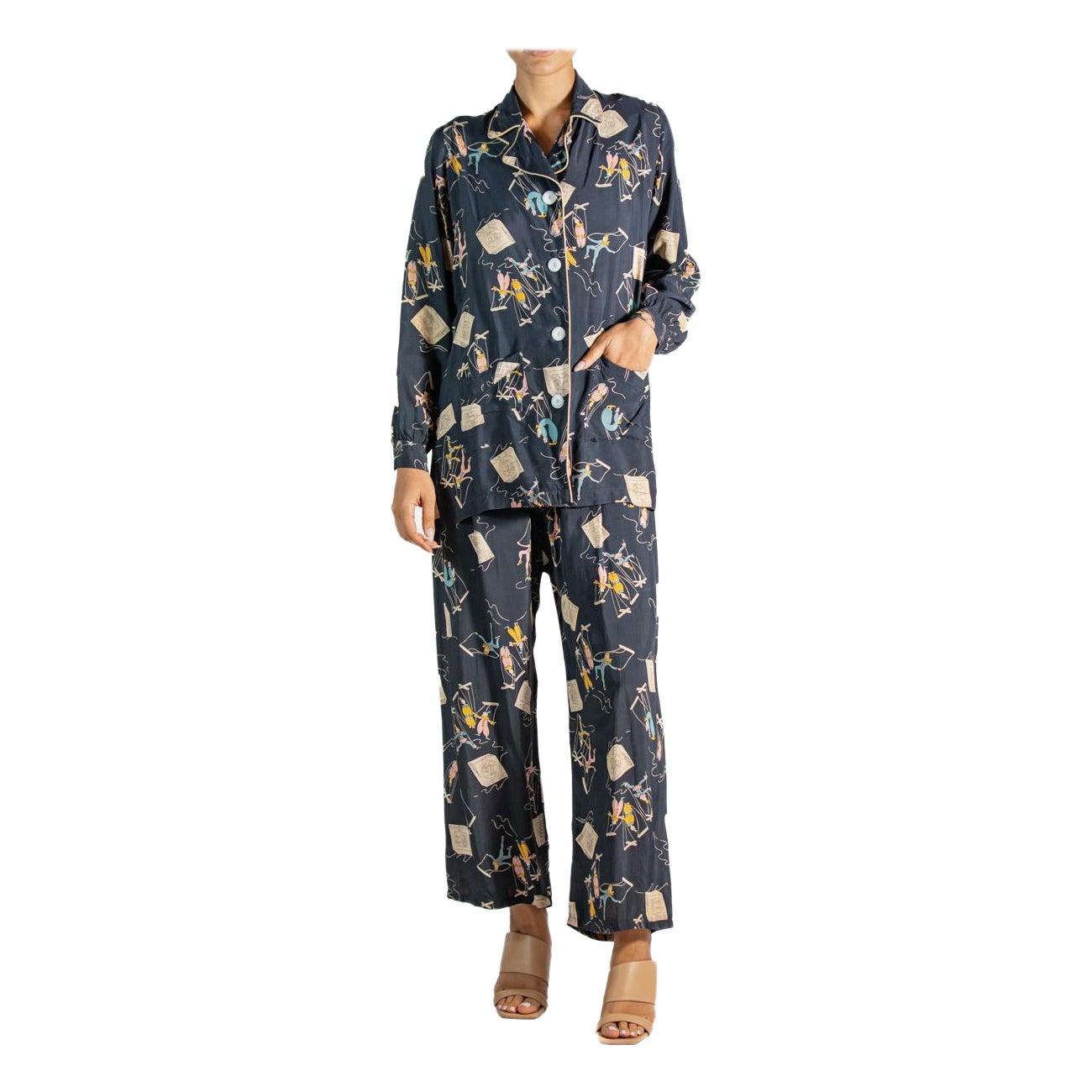 1940S Navy Blue Cold Rayon Marionettes On The Tv Pajamas For Sale