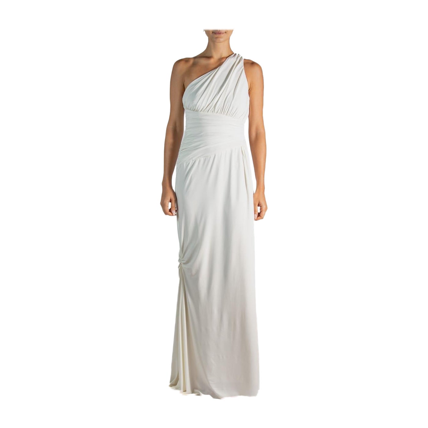 2000S Vera Wang Cream Poly Blend Jersey One Shoulder Goddess Gown For Sale