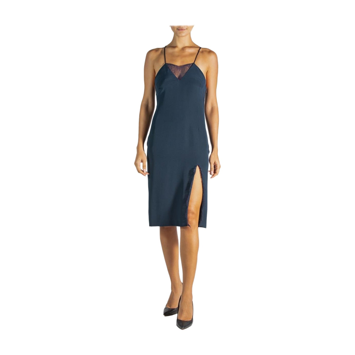2000S Tamara Mellon Navy Blue Silk & Lace Dress With Slit, Nwt For Sale